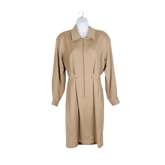 Anne Klein Vintage 80s Shirt Dress Camel Long Sleeve Wool Power Dressing Size 10 - Picture 1 of 8